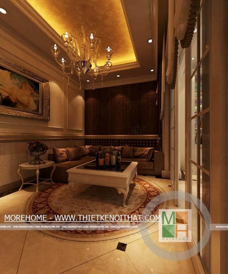 Thiết kế nội thất tầng hầm biệt thự cao cấp với cách trang trí tân cổ điển từ đèn trần, chậu hoa tạo nên không gian sang trọng, thể hiện đẳng cấp của gia chủ thiết kế biệt thự